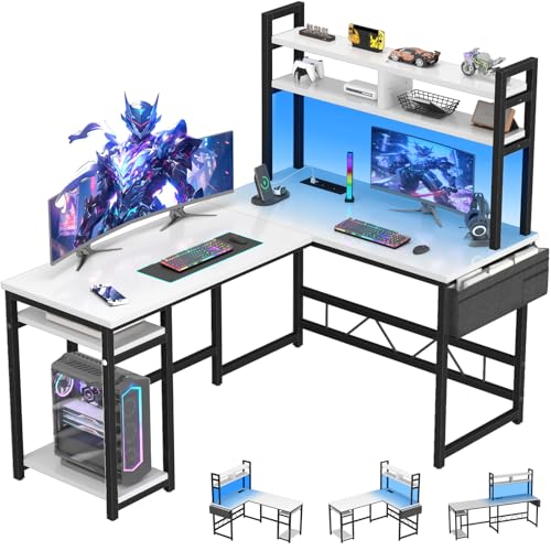 Devoko Schreibtisch l Form Gaming Tisch mit LED,155 x 100 cm Eckschreibtisch Gaming Schreibtisch mit 2 Steckdosen und 2 USB-Anschlüssen, Computertisch mit Aufbewahrung, Rahmen aus Stahl,Weiß