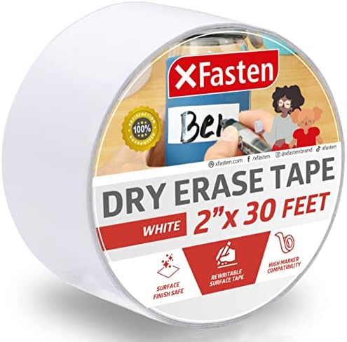 XFasten Whiteboard Dry Erase Tape, 2-Inch x 30-Foot, White, Smudge Free and Does Not Rub Off Unnecessarily White Marker Board Tape