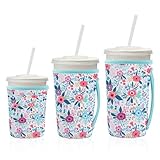 3 Pack Reusable Iced Coffee Sleeves, Neoprene Insulator Sleeves Cup Holder with Handle for Hot And Cold Coffee or Ice Drink Fits 16-32oz Cups (Flower)
