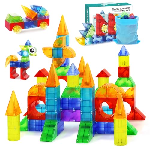 Magnetic Blocks 66PCS Translucent Building Blocks for 3+ Old Years Boys Girls Birthday Gifts Multi Shape Magnetic Cubes Preschool Classroom Educational Toys for 3-8 Year Old Kids STEM Activities