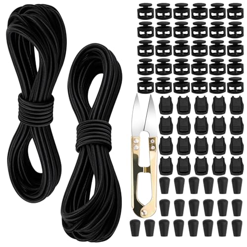 wonkeken 2 Stück 10m Elastische Gummischnur 3mm Elastische Runde Schnur Elastische Dehnbare Schnur Nylonschnur für Armbänder mit 20 Kordelstopper Kordelklemme 30Doppel-Loch Frühling für Rucksack