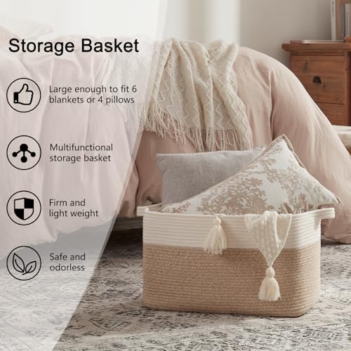 Image of OIAHOMY Large Blanket Basket, 65L Cotton Rope Woven Laundry Basket, Toy Bin for Baby Room, Container for Blanket Storage in Living Room, 20''x16''x12'', Brown & White