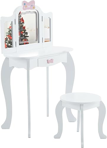Miniatura 25 de Vasitelan Juego de mesa y silla para niños, juego de tocador para niñas con espejo y taburete, tocador de princesa de maquillaje con cajón, juego de