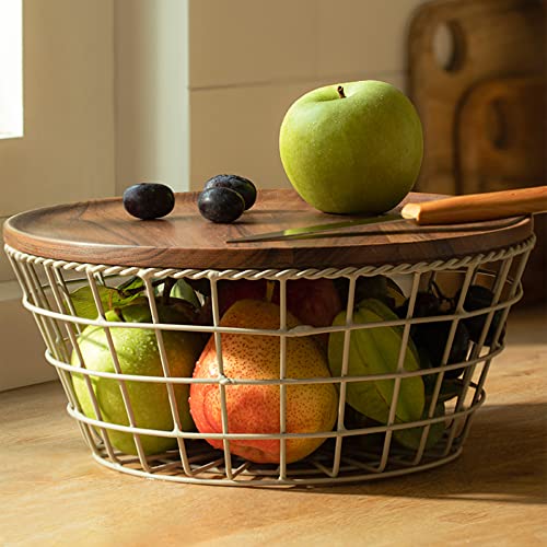 Image of Ellementry Round Twine Metal Wire Kitchen Vegetable Storage Basket With Wooden Lid, Fruit Basket For Pantry, Countertop Multi-Functional Fruit & Vegetable Organizer For Home & Kitchen Decor