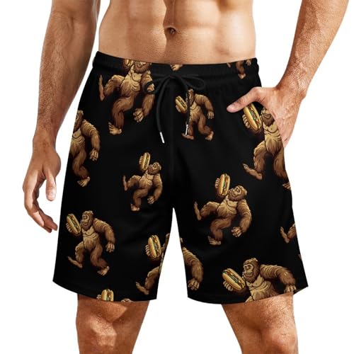 Sasquatch Bigfoot Carrying Hotdog Mens Swim Trunks with Compression Liner Quick Dry Board Beach Shorts