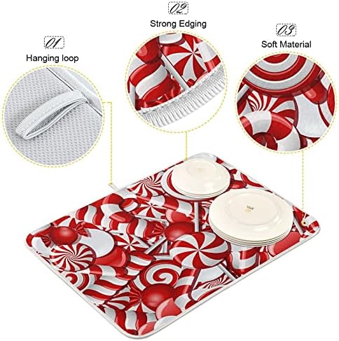 Vista 3 de Tapete de secado de platos de dulces navideños grande para encimera de cocina, 18 x 24 pulgadas, reversible, bastones de caramelo, escurridor