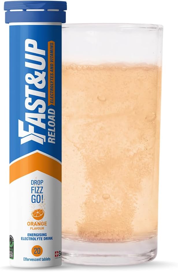 FAST&UP Reload (5 Litres) Low Sugar energy drink for Instant Hydration - Effervescent Tablets with all 5 Essential Electrolytes + Added Vitamins - Electrolytes Drink Orange Pack of 1 (20 tablets)