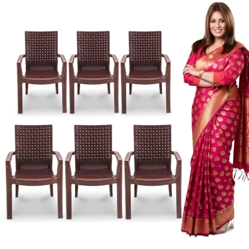 Image of MAHARAJA Heavy Duty Plastic Arm Chair for Home & Office | Premium Glossy Finish | Comfortable Arm Rest | 200Kg Capacity | Stackable & Durable | (Brown, Pack of 6)