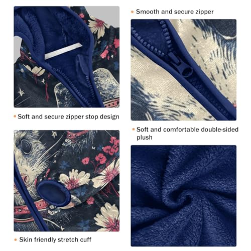 Opossum Cowboy Floral Pattern Toddler Fleece Jacket Girl Boys Hooded Fleece Jacket Coat Warm Outwear Zip-up 3-10T3