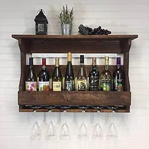 ORMEE Wooden Wall Hanging Design Bar | Wall Shelf |Bar Cabinets for Home | Mini Bar for Home | Solid Wood Make Wine Storage Cabinet with Glass Hanging Space (Brown Walnut)