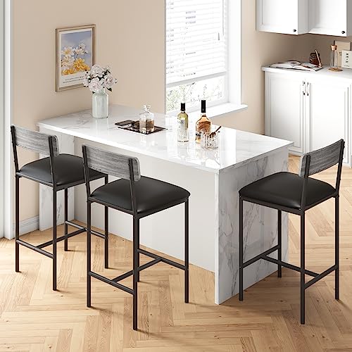 Amyove Bar Stools Set of 2, Upholstered Bar Chairs with Back, 25.5 Inches Kitchen Bar Stools with Footrest, Thick Cushion, Counter Height Barstools for Island, Counter Bar, Easy Assembly, Rustic Grey