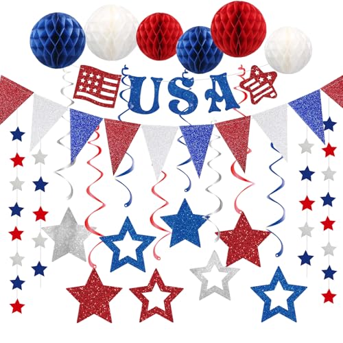 Image of 4th of July Decorations,Red White Blue Party Decorationsr,Red White Blue Honeycomb Ball,Star Hanging Swirl,star Garland for Memorial Veterans Labor Presidents Flag Day Home Parties Accessories