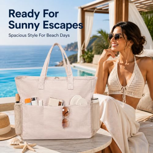 Image of LEDAOU Beach Bag Waterproof Sandproof Women Beach Tote Pool Bag with Zipper for Swim Gym Grocery Travel with Wet Pocket