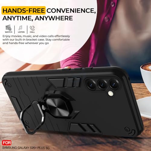 Image of AESTMO Samsung Galaxy S25 Plus 5G Back Case Cover | Tough Armor Bumper | Ring Holder & Kickstand in-Built | 360 Degree Protection Cover for Samsung Galaxy S25 Plus 5G (Black)