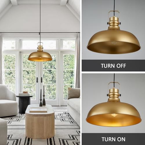 Image of Gold Farmhouse Pendant Lights for Kitchen Island 16 Inch | ETL Certificate,Industrial Adjustable Height Vintage Dome Hanging Light Fixtures for Barn, Dining Room 2 Pack