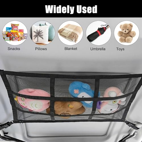 Gepäcknetz Auto für Aufbewahrung, 74 x 53 cm Universal Autodach Gepäcknetz Decke mit Reißverschluss, mit 2 Haken, Verstellbare, für Vier Dacharmlehnen, Van und die Meisten Fahrzeugtypen (Schwarz)