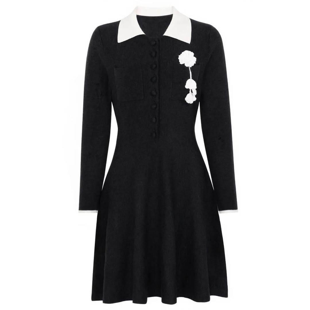 Vestido de fiesta de punto corto para mujer, manga larga, cuello de solapa, ajustado, elegante vestido