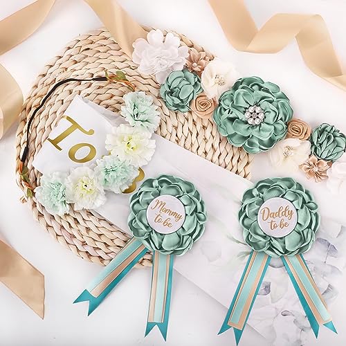 Miucat MOM-HH1 5 Pcs Sage Green Maternity Sash Kit Mom To Be Daddy To Be Corsage Pins Flower Crown Belly Belt Sash thumb #1