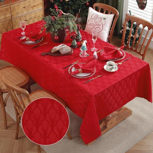 SASTYBALE Christmas Red Tablecloth 52"x70" Rectangle - Jacquard Damask Deer Antler Spillproof Table Cover for Xmas New Year Winter Holiday Decor (Fits 4-6 Seats) – Image 3