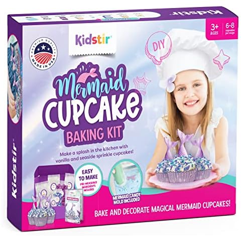 Mermaid Kids Baking Kit Little Mermaid Gifts for Girls, DIY Cupcake Baking Set for Kids with Mermaid Cake Topper Mold, Includes Pre-Measured Ingredients, Mermaid Birthday Cooking Set for Kids Cover
