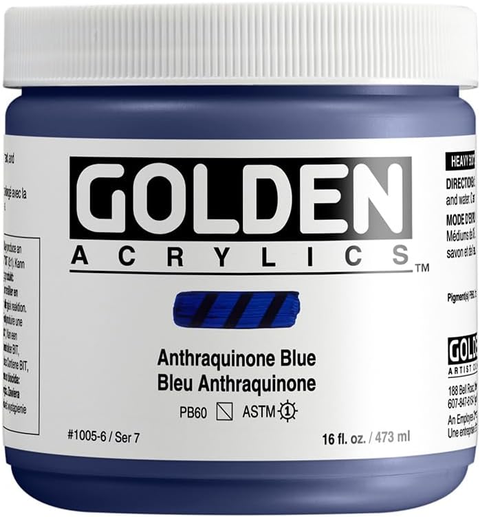 GOLDEN Heavy Body Acrylics, Anthraquinone Blue, 16 fl. oz. Jar, Professional Acrylic Paint, Semi-Transparent