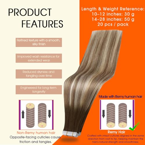 Image of Full Shine Human Hair Tape in Extensions 12 Inch Tape Hair Extensions 3 Darker Brown to 8 Ash Brown Highlight 22 Medium Blonde Tape ins for Women Pu Tape in Hair 30 Gram 20 Pcs Natural Straight