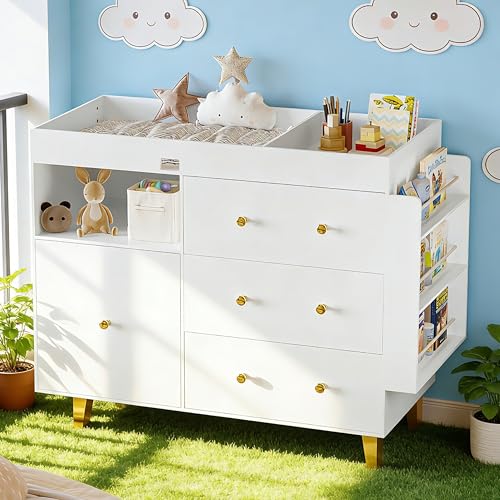 Wooden Baby Changing Table Dresser Diaper Changing Table with Large Tabletop 4 Drawers Open Storage Space & Side Shelves Modern Storage Crib with Changing Table for Nurseries and Baby Rooms White