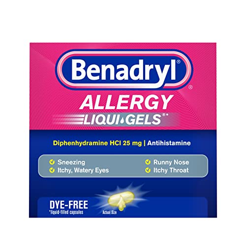 Benadryl Liqui-Gels Antihistamine Allergy Medicine & Cold Symptom Relief, Dye-Free Liquid Gels with 25 mg of Diphenhydramine HCl for Symptoms Such As Runny Nose, Sneezing & More, 24 ct
