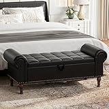 YOUDENOVA 51” Storage Bench with Rolled Arms, Upholstered Bed Bench with Vintage Rivets, PU Leather Bench for Bedroom End of Bed, Living Room, Entryway, Black