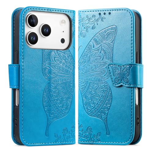 Étui iPhone 15 Pro Max bleu à rabat magnétique avec fentes pour cartes