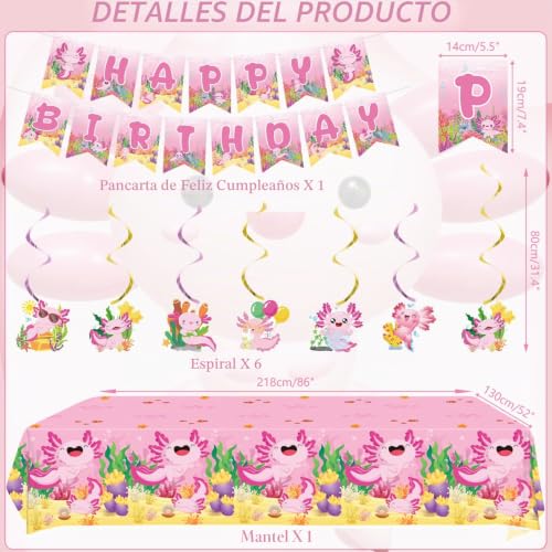 Miniatura 3 de Obussgar Peladillas Axolotl Rosa Para Fiesta De Cumpleaños - Suministros Para Fiesta Axolotl Incluidos Banner, Platos, Cake Topper, Taza, Servilleta, Globo, Mantel - Para 20 Personas Lq