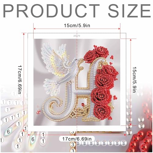 Image of AiYuanzsh 5D Diamond Art Kits for Adults Letter H, Harmonious Rose & Dove Floral Crystal Rhinestones Diamond Painting Kit, DIY Monogram Diamond Art for Beginners Craft Wall Display 17x17cm