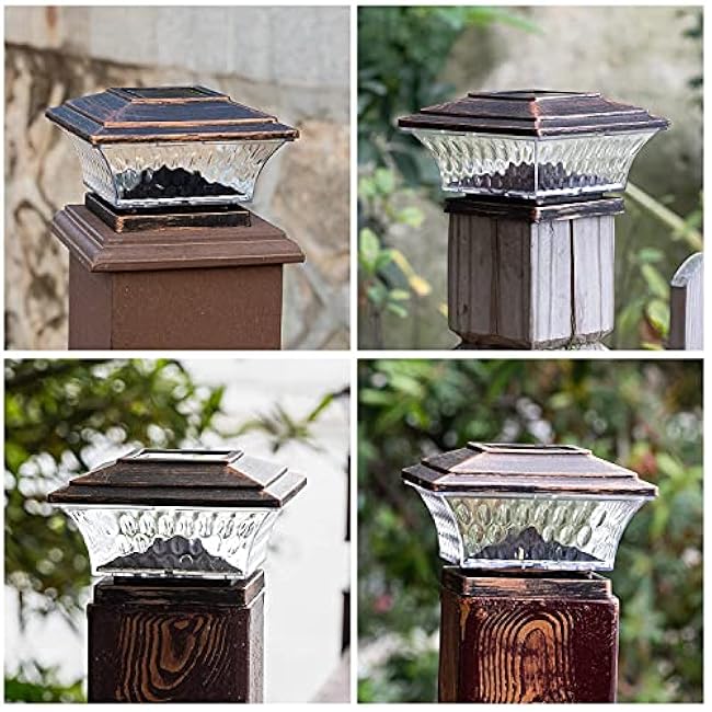 HUYIENO Solar Post Cap Lights Outdoor LED Lighting Deck Fence With Two Light Modes Warm White/Bright White Suitable for 4x4 Wooden Posts Brushed Copper 6PK
