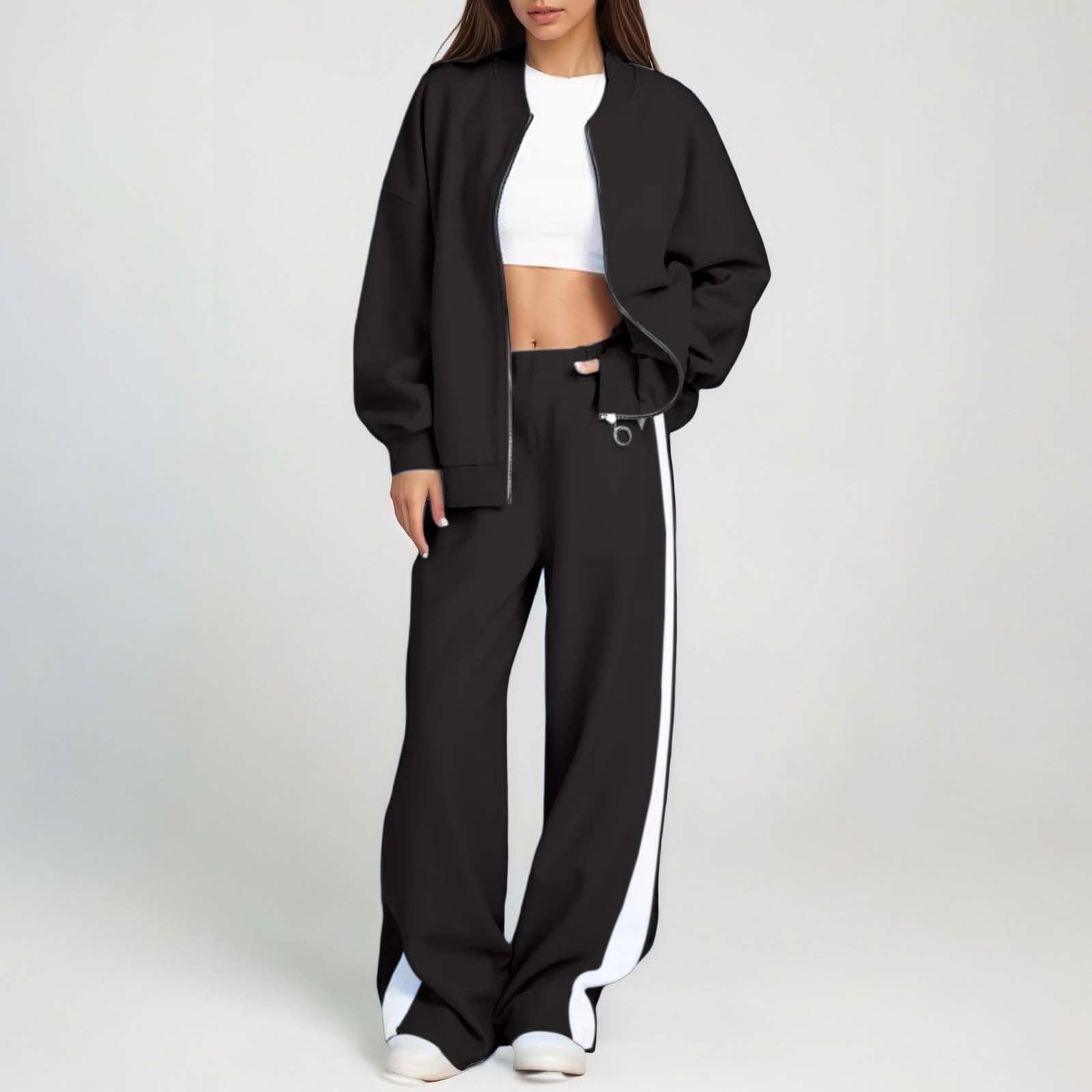Generico Giacca Donna Scollo Tondo Felpa Pantaloni Dritti Moderno Confortevole Capospalla Giubbino Casual (Nero, XXL)