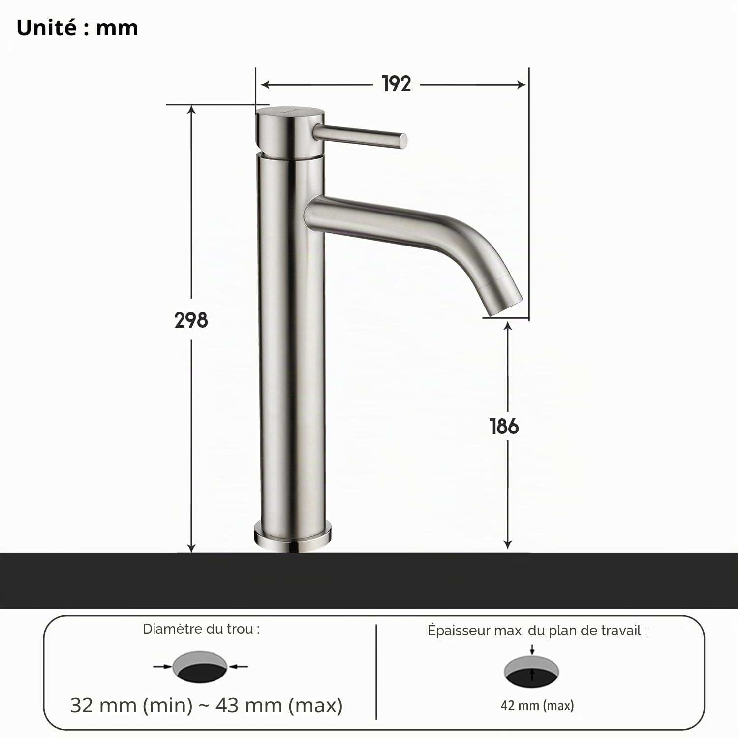 Decaura robinet lavabo salle de bain mitigeur salle de bain haut,robinet vasque à poser avec bec hauteur 186mm eau chaud et froide Brossé Nickel