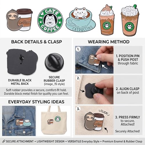 Image of 5Pcs Cute Coffee Cat Sloth Enamel Pin Set Cartoon Animal Coffee Cup Brooch Badges, Funny Lapel Pins for Backpacks, Jackets, Bags, Coffee Lover Gift