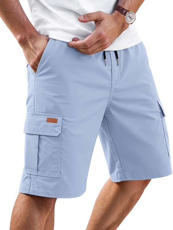 Cargo Shorts for Men Drawstring 9 inch Elastic Waist with 5 Pockets