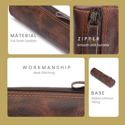 Image of Round Leather Zipper Pencil Case - Full Grain Handmade Pen, Marker & Sketch Pouch, Compact Tube-Shaped Organizer for Office & Travel, Premium Small Tool Holder for Adults - Brown