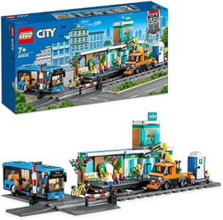 LEGO 60335 City Dworzec kolejowy, Zestaw Kreatywny z Autobusem i Przejazdem Kolejowym z Płyt Drogowych, Pasuje do Innych Zestawów Klocków Konstrukcyjnych City, Zabawka i Prezent dla Dzieci
