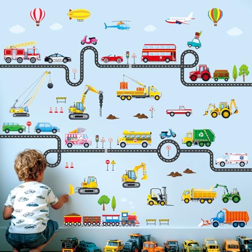 DECOWALL DS9-8090 Vehicles and Roads Wall Stickers Decals Transports Kids Peel and Stick Removable Nursery Bedroom Living Room décor Construction Car