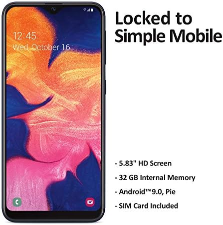 Simple Mobile Samsung Galaxy A10e 4G LTE Prepaid Smartphone (Locked) - Black - 32GB - SIM Card Included - GSM with Free $50 Airtime Bundle