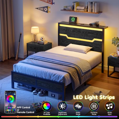 Image of Homkdom Twin Metal Bed Frame with LED Storage Headboard & USB Ports Black | Underbed Space for Robot Vacuum, Noise-Free Quiet Sleep Setup for Teens Room, College Dorms & Small Studio Apartments