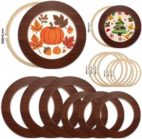 RattanView 12 Pcs 6 Inch and 8 Inch Wood Embroidery Hoop Frame with Embroidery Hoops Round Embroidery Hoops Display Frame for Finished Cross Stitch Hoop Frame DIY Art Craft Sewing Ornaments(Walnut)