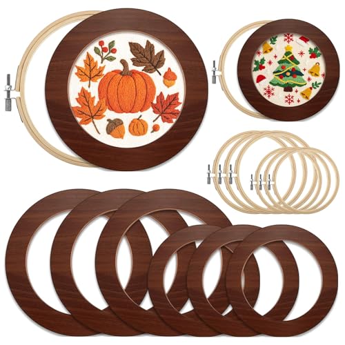 RattanView 12 Pcs 6 Inch and 8 Inch Wood Embroidery Hoop Frame with Embroidery Hoops Round Embroidery Hoops Display Frame for Finished Cross Stitch Hoop Frame DIY Art Craft Sewing Ornaments(Walnut)
