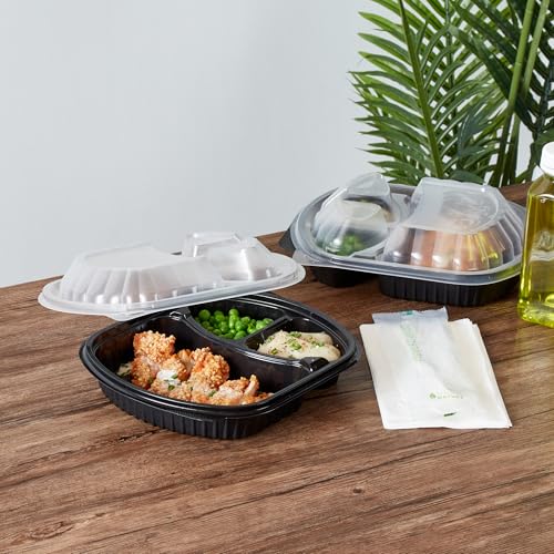 Image of Restaurantware-RW Base 27 Ounce Meal Prep Containers, 100 Microwavable To Go Containers With Lids - 3 Compartments, Disposable, Black Plastic Oval Food Containers, For Hot And Cold Food, Freezable