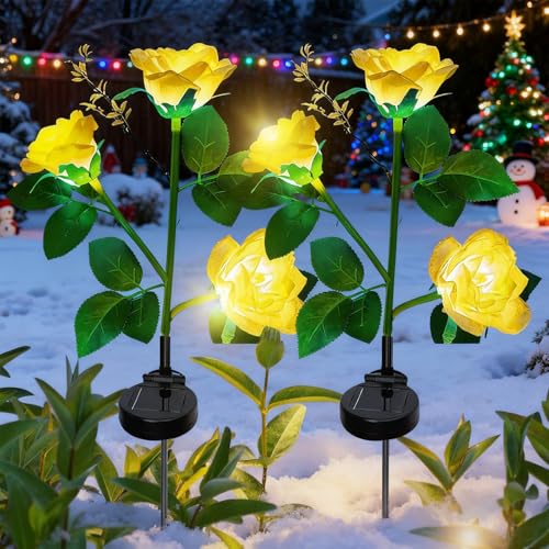 XVZ Lumière Solaire Extérieur Jardin, Lampes LED Rose solaires avec plus grande fleur et large panneau solaire, étanche Deco Jardin Exterieur pour jardin, pelouse, terrasse, chemin (jaune)