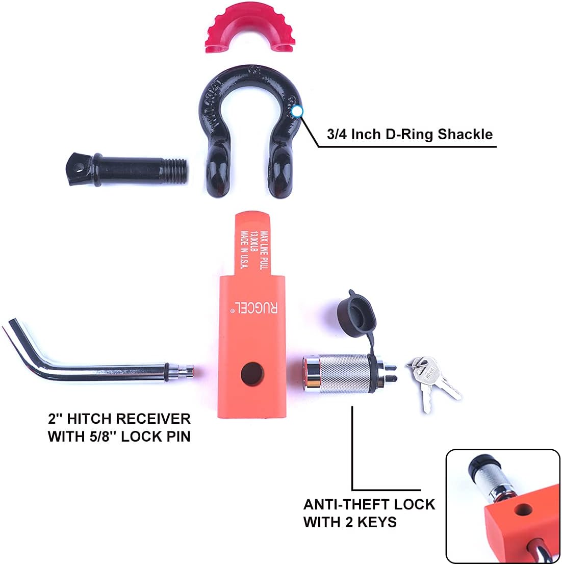 RUGCEL Shackle Hitch Receiver 2 inch 13000 Lbs working load limit Never Rust Receiver Shackle Bracket Heavy Duty and Solid with 3/4'' D Ring Shackle, Towing Accessories for Trucks Jeep (black shackle)