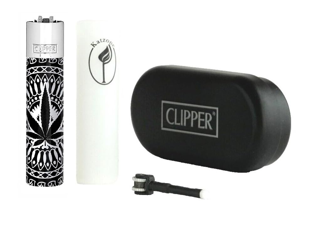 1X Clipper Metal Lighter Large (CP11) Only - Shiny Silver/Premium Leaves Pattern - Bundles with KATZONE Silicone Sleeve & Extra Flint System
