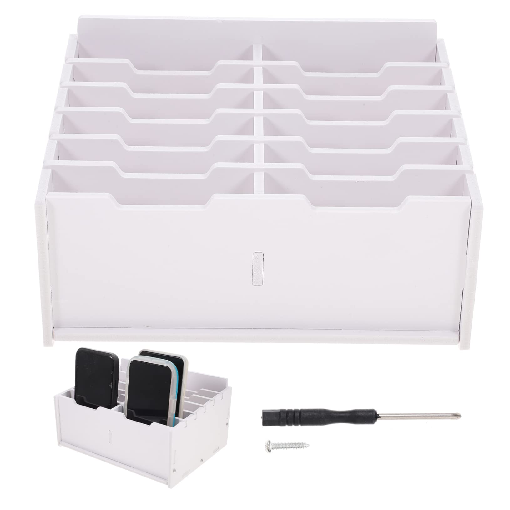 DOITOOL Organizador De Escritorio Caja De Almacenamiento 12 Compartimentos Madera Blanca Soporte Para Teléfono Celular Oficina Aula Orden y Clasificación