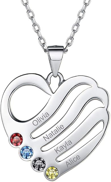 Custom4U Birthstone Gifts Necklace,Personalised Heart Pendant with 2/3/4/5 Names,Jewellery for Women Mum Best Friend,45+5cm/18''+2'' (with Gift Box)